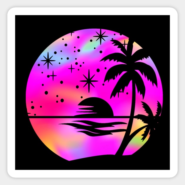 Hot Pink Holographic Rainbow Palm Trees: Ocean Beach Scene Retro Vintage Sunset Aesthetic Sticker by ThePinkPrincessShop